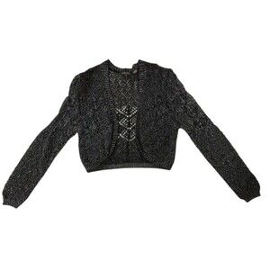 Jeanne Pierre Womens Juniors XL Black Silver Metallic Cropped Open Knit Cardigan